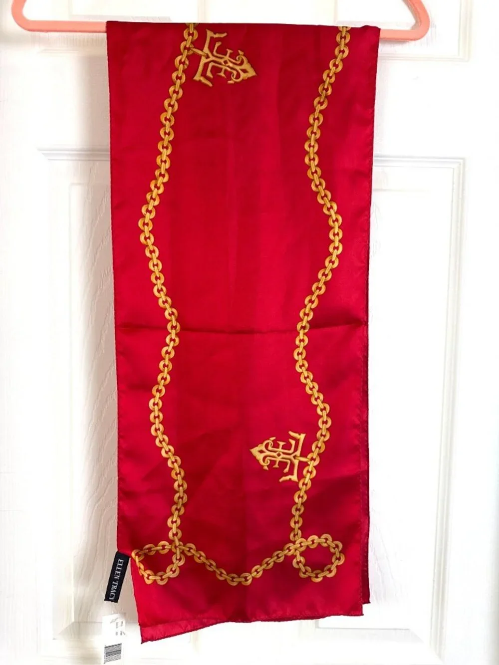Vibrant Rectangle Red with Gold Chain 100% Silk Scarf Ellen Tracy
